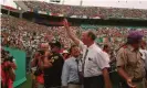  ??  ?? Jack Charlton waves to the fans at at the 1994 World Cup. Photograph: Ben Radford/ Allsport