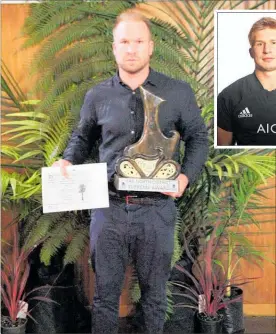  ?? PICTURES / SPORT NORTHLAND, SUPPLIED ?? Cam Goodhue accepting the Supreme award for brother Jack (pictured inset) at the Far North Sports Awards on Friday evening. Goodhue also picked up the Sportsman of the Year title and an open code award for rugby.