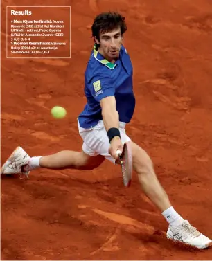  ?? Reuters ?? Cuevas in action during the quarterfin­al match against Alexander Zverev on Friday. —