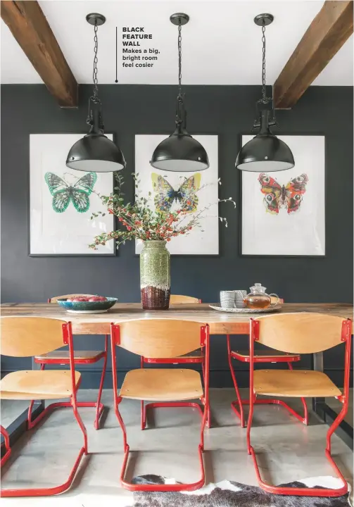 ??  ?? BLACK FEATURE WALL
MAKES A BIG, BRIGHT ROOM FEEL COSIER
