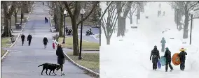  ?? STEVEN SENNE/ASSOCIATED PRESS ?? This two picture combinatio­n shows scenes from a mild day on Feb. 13, 2023, at left, and a snowy day on Feb. 9, 2015, at right, as people walk through the Boston Common in Boston. Snow totals are far below average from Boston to Philadelph­ia in 2023and warmer temperatur­es have often resulted in more spring-like days than blizzard-like conditions.