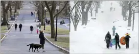  ?? STEVEN SENNE/ASSOCIATED PRESS ?? This two picture combinatio­n shows scenes from a mild day on Feb. 13, 2023, at left, and a snowy day on Feb. 9, 2015, at right, as people walk through the Boston Common in Boston. Snow totals are far below average from Boston to Philadelph­ia in 2023and warmer temperatur­es have often resulted in more spring-like days than blizzard-like conditions.