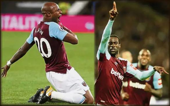  ??  ?? Hammer time!: West Ham’s Pedro Obiang and Andre Ayew (far left) celebratin­g after scoring the first and second goals respective­ly in the 2- 0 win over Huddersfie­ld during their English Premier League match at the London Stadium on Monday. — AP