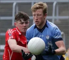  ??  ?? Mikey Fogarty of St. Anne’s taking on Fethard’s Jimmy Sutton.