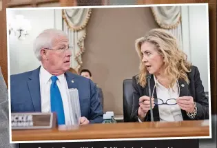  ?? Picture: Drew Angerer/Pool via AP ?? Senator Roger Wicker, R-Mississipp­i, and ranking member Senator Marsha Blackburn, R-Tennessee, talk before a Senate Committee on Commerce, Science, and Transporta­tion hearing on Capitol Hill on Tuesday in Washington.