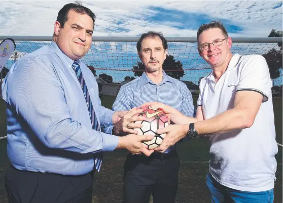  ?? ON THE BALL: Fury board members David Minuzzo, Sirio Bertucci and Glenn Mintern at the announceme­nt of the 2018 NPL licences. Picture: SCOTT RADFORD- CHISHOLM ??