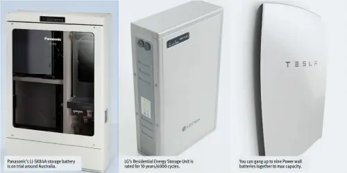  ??  ?? Panasonic’s LJ-SK  A storage battery is on trial around Australia. LG’s Residentia­l Energy Storage Unit is rated for    years/     cycles. You can gang up to nine Power wall batteries together to max capacity.