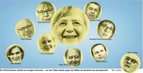  ?? Bild: cim/dpa ?? Der Merkel-Kosmos besteht aus wenigen Vertrauten – aus dem Volker Kauder gegen den Willen der Kanzlerin nun herauspurz­elte.