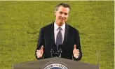  ?? Patrick T. Fallon / AFP via Getty Images ?? Gov. Gavin Newsom delivers the State of the State address in empty Dodger Stadium in Los Angeles on Tuesday. His image fell as COVID rose.