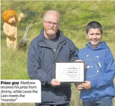  ??  ?? Prize guy Matthew receives his prize from Jimmy, while Lewis the Lion meets the “monster”