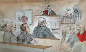  ?? CP IMAGE ?? In this artist’s sketch, serial killer Bruce McArthur (centre) attends his sentencing hearing in Toronto on Monday.