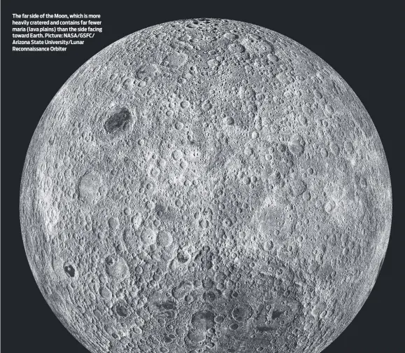  ?? ?? The far side of the Moon, which is more heavily cratered and contains far fewer maria (lava plains) than the side facing toward Earth. Picture: NASA/GSFC/ Arizona State University/Lunar Reconnaiss­ance Orbiter