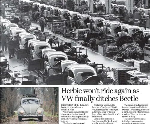  ??  ?? VW beetles being assembled at the Volkwagen auto works plant in Wolfsburg, West Germany; a classic Volkswagen Beetle dating from 1953 on the road.