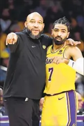  ?? Wally Skalij Los Angeles Times ?? LAKERS COACH Darvin Ham instructs Gabe Vincent during a recent game. “They force you to play a certain way,” Vincent says about the Denver Nuggets.