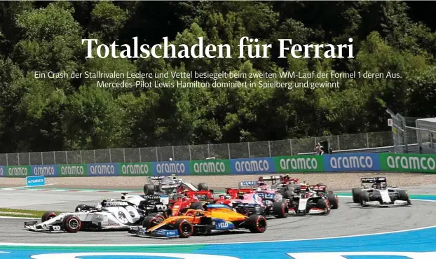  ?? FOTO: LEONHARD FOEGER / AFP ?? Mitten im Getümmel der Kurve geraten die roten Ferrari gleich in Runde eins aneinander, Charles Leclerc fährt auf Sebastian Vettel auf.