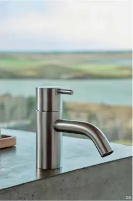  ?? ?? 03 The HV1 tap, along with all VOLA products, is available in an array of finishes and colours. 03