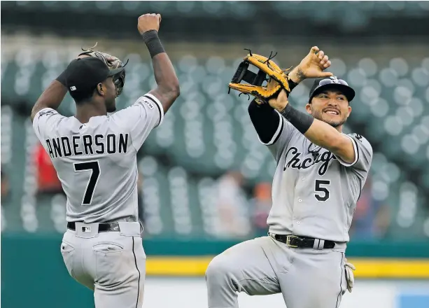  ?? DUANE BURLESON/GETTY IMAGES ?? Tim Anderson, celebratin­g a victory last season with Yolmer Sanchez, might not be the best player on the team, but he’s the biggest star.