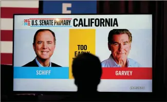  ?? JAE C. HONG — ASSOCIATED PRESS ?? Photos of U.S. Rep. Adam Schiff and Republican Steve Garvey flash during an election night Hollywood party for Schiff on March 5. They will face off for the state's Senate seat in November.