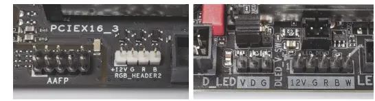  ??  ?? Veel moederbord­en hebben headers voor RBG-ledstrips, waar weer meerdere varianten van zijn : RGB (links, wit), RGBW (helemaal rechts) of met een digitale aansturing. De volgorde GRB is vrij standaard.