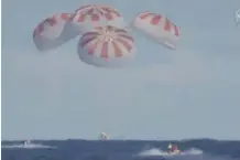  ?? EPA-EFE/NASA TV ?? SPACEX’S Dragon capsule splashes down in the Atlantic Ocean, from the Internatio­nal Space Station on Friday. The Crew Dragon docked autonomous­ly to the orbiting laboratory, a historic first for a commercial­ly built and operated US spacecraft. |