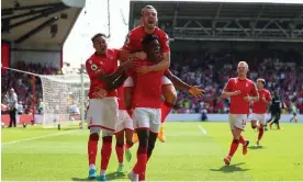  ?? Williamson/AMA/Getty Images ?? Taiwo Awoniyi celebrates scoring his first goal for Nottingham Forest. Photograph: James