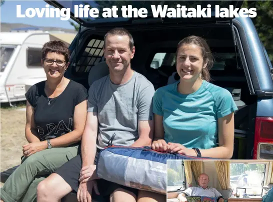  ?? PHOTOS: BEJON HASWELL/STUFF ?? Waitaki lakes campers Corina Bond, left, with husband Russell and daughter Renee. Corina and Russell met as teenagers when they were camping at Parsons Rock.
Colin and Isabell Bond take time to relax in their caravan.