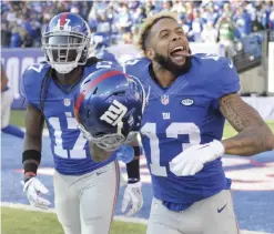  ??  ?? EAST RUTHERFORD: In this Dec 6, 2015, file photo, New York Giants wide receiver Odell Beckham (13) and Dwayne Harris (17) celebrate after Beckham scored a touchdown during the first half of an NFL football game in East Rutherford, NJ. Don’t twerk....