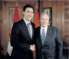  ?? THE CANADIAN PRESS FILES ?? Prime Minister Justin Trudeau meets with the Aga Khan on Parliament Hill in Ottawa on May 17, 2016. Opposition parties are calling on Trudeau to reimburse taxpayers for the costs of his family’s trip to the Aga Khan’s private island.