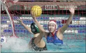  ?? JAMES CACCIATORE — MARIN INDEPENDEN­T JOURNAL ?? Drake’s Siena Berry (11) looks for an opening against Tam’s goalie Mikaere Todd at Tam in Mill Valley in October of 2018. New California guidelines permit water polo to be played by counties in the moderate orange tier.