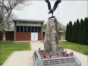  ?? Brian Gioiele / Hearst Connecticu­t Media ?? The Eagle monument outside the War Memorial building at Riverview Park in Shelton will be moved to the Veterans Memorial Park as part of a plan to consolidat­e and expand the war memorial off Canal Street.