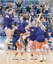  ?? Rhonda Taormina/Contributo­r ?? Lake Creek players celebrate their 5A Region III victory over Brenham in straight sets.