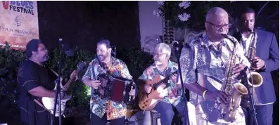  ?? KENNETH MARTINEZ BURGMAIER photo ?? Jimmy D. Lane (from left), Jo-El Sonnier, Fareed Haque, Bobby Watson, and Javon Jackson were the Maui Jazz & Blues Festival headliners performing on Friday at the finale of the sold-out event at the Four Seasons Resort Maui at Wailea.