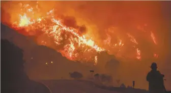  ?? AP PHOTO ?? RELENTLESS: A firefighte­r can only watch as a wall of flame rises before him as he tries to battle the fire that scorched its way through Los Padres National Forest near Ojai, Calif., Friday.