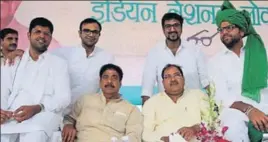  ?? HT FILE ?? INLD leaders Dushyant Chautala (left) Ajay Chautala, (sitting 2nd from left) Abhay Chautala, (sitting 3rd from left) and Digvijay Chautala during a rally in Bhiwani last year.