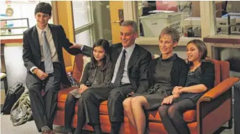  ?? SUN- TIMES FILE PHOTO ?? Rahm Emanuel and his family watch results on election night back in 2011, when he won his first term as Chicago mayor. He and his family — ( from left) Zach, Leah, Emanuel, wife, Amy Rule and daughter Ilana — awaited returns at the Chicago Plumbers...