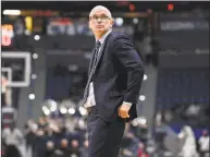  ?? Associated Press file photo ?? UConn coach Dan Hurley, seen here during a game earlier this season, watched his Huskies get beat by Villanova on Saturday in New York.