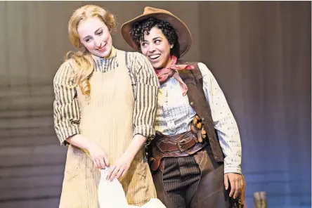  ?? PHOTOGRAPH­S BY JENNY GRAHAM/OREGON SHAKESPEAR­E FESTIVAL ?? Royer Bockus, above left, as Laurey and Tatiana Wechsler as Curly in the genderalte­red production of ‘‘Oklahoma!’’ in Oregon. Jordan Barbour, far left, as Will Parker and Jonathan Luke Stevens as Ado Andy on the set of the production.