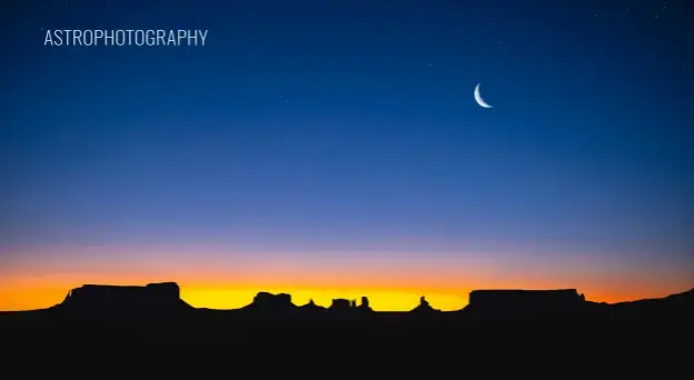  ?? ?? Above: A crescent moon at dusk over Monument Valley, USA. This is a composite of two shots from this location – one for the overall scene and one for the moon, blended in Adobe Photoshop.