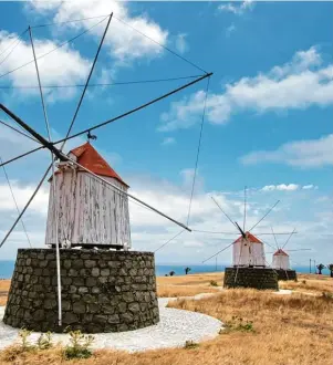  ?? Foto: Bernd F. Meier, tmn ?? Früher gab es rund 40 der typischen Getreidemü­hlen auf der Insel Porto Santo. Am Aussichtsp­unkt Portela sind drei übrig geblieben.