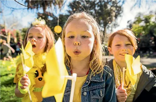  ?? BRADEN FASTIER/ THE LEADER ?? Charlie Perfect 7, Myah Saunders 8, and Anice Proctor 8 of Hampden St School plant windmills for Daffodil Day during the world record attempt for the largest toy windmill display.