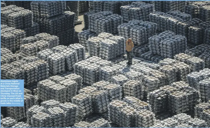  ??  ?? Aluminium ingots at a China National Materials Storage and Transporta­tion stockyard in Wuxi on Thursday. The US and China imposed fresh tariffs on each other’s goods in the middle of trade talks