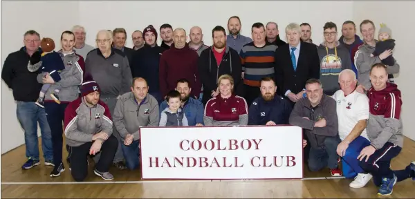  ??  ?? Members of Coolboy Handball Club and supporters at the local alley on Monday night last to celebrate the All-Ireland Senor Club Championsh­ip victory last weekend.