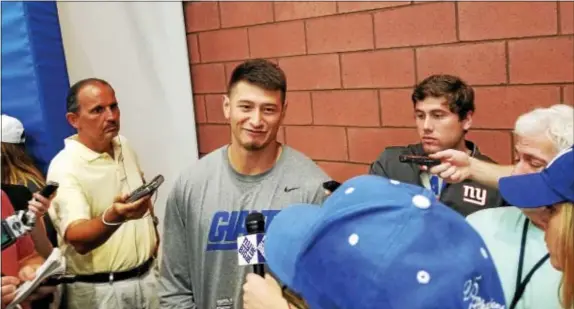  ?? GREG JOHNSON — TRENTONIAN PHOTO ?? Aldrick Rosas speaks to reporters after Giants practice Sunday in East Rutherford.