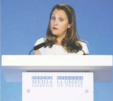  ?? LEON NEAL / GETTY IMAGES ?? Foreign Minister Chrystia Freeland speaks Thursday at a world press freedom summit in London. Freeland says it’s inappropri­ate for any Canadian to advise a foreign government on how it can influence an election result in Canada.