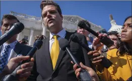  ?? JACQUELYN MARTIN — THE ASSOCIATED PRESS ?? Rep. Matt Gaetz, R-Fla., one of House Speaker Kevin McCarthy's harshest critics, answers questions from members of the media after speaking on the House floor at the Capitol in Washington, D.C., on Monday.