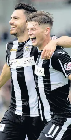  ??  ?? SAINTLY ZSMILES Ian McShane (left) celebrates his goal with Cammy Smith as St Mirren wrap up a brilliant victory