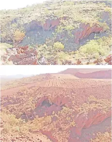  ??  ?? A combobinat­ion of two handout photos released by the PKKP Aboriginal Corporatio­n shows Juukan Gorge in Western Australia taken on June 2, 2013 (top) and how it was on May 15, 2020 (bottom).