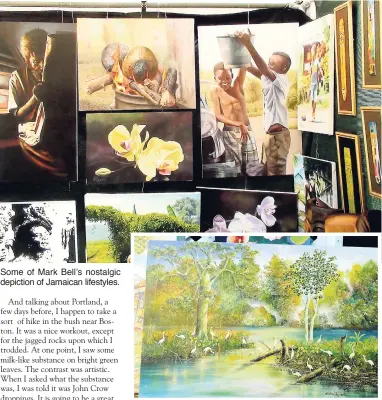  ??  ?? Some of Mark Bell’s nostalgic depiction of Jamaican lifestyles. A mesmerisin­g river scene by Ocho Rios artist Michael Clarke.