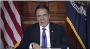  ?? UNCREDITED — OFFICE OF THE NY GOVERNOR ?? In this image taken from video from the Office of the New York Governor, Gov. Andrew Cuomo speaks during a news conference Wednesday, March 3, in Albany, N.Y.