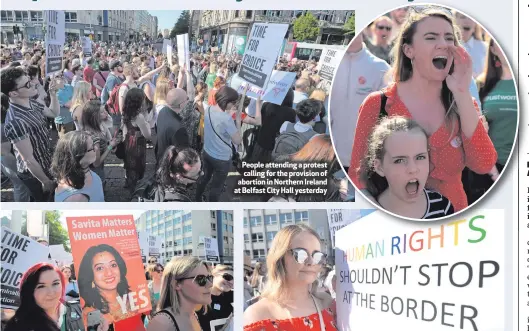  ??  ?? People attending a protest calling for the provision of abortion in Northern Ireland at Belfast City Hall yesterday